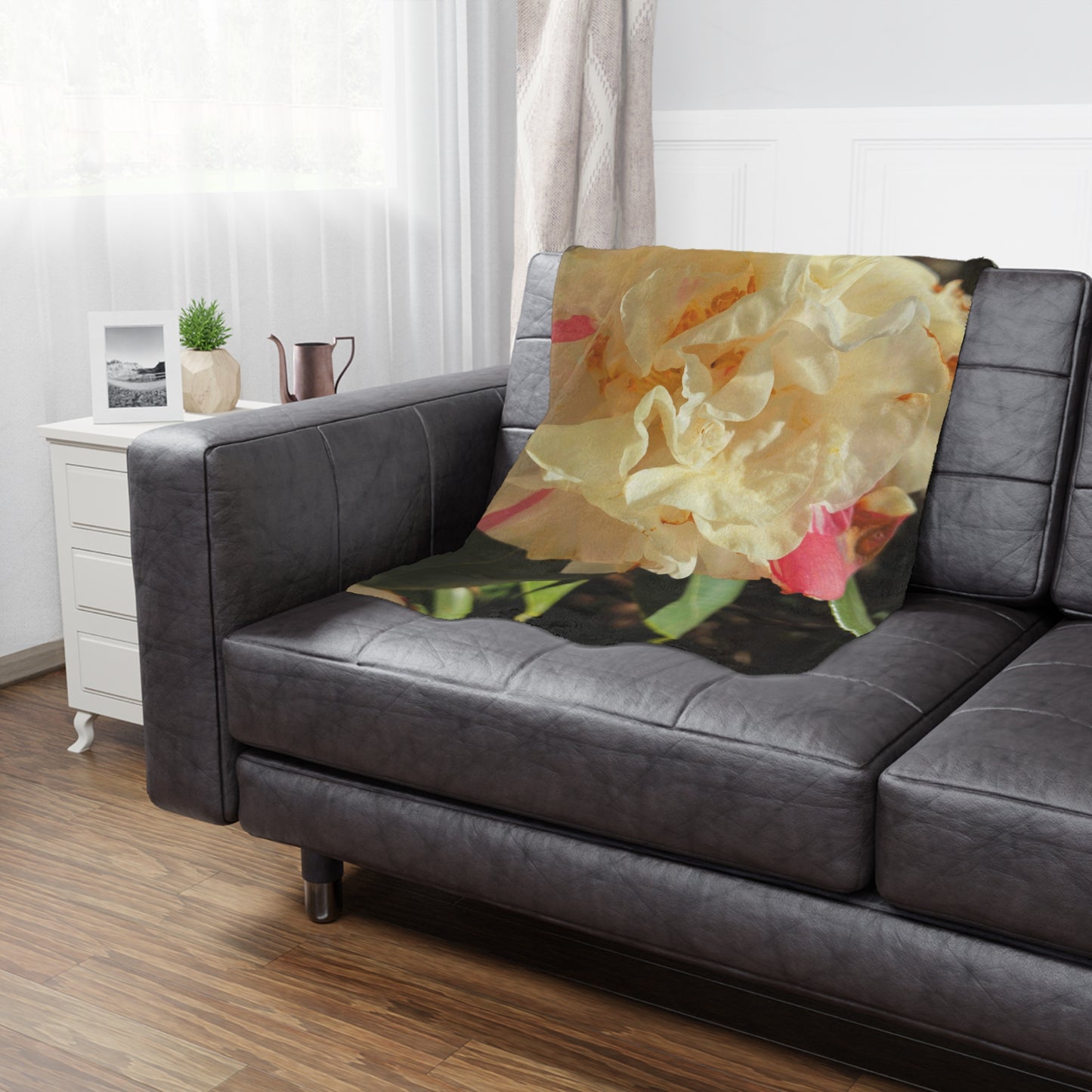 Floral Peony Minky Blanket - Soft Cream & Pink Botanical Throw