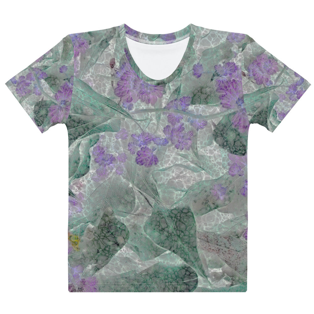 women's crew neck shirt with purple flowers and green fronds on a silvery background