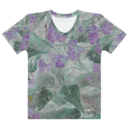 women's crew neck shirt with purple flowers and green fronds on a silvery background