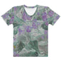 women's crew neck shirt with purple flowers and green fronds on a silvery background